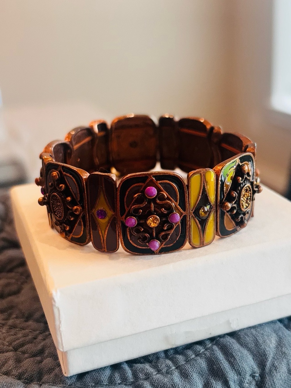 Vintage Boho Stretch Link Bracelet Copper Enamel Rhinestone Statement Cuff New